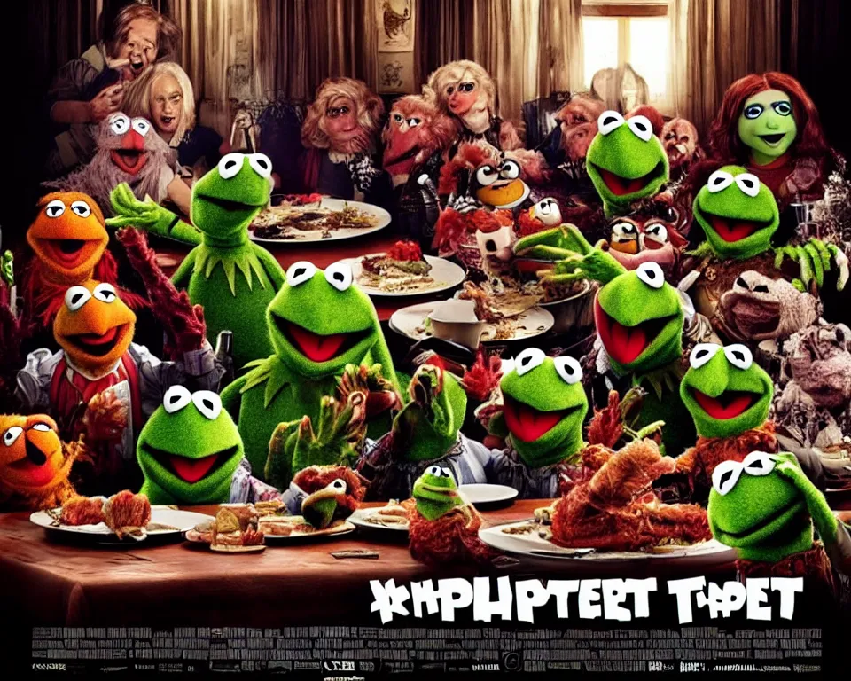 Image similar to A horror movie poster featuring muppets sitting at a dinner table