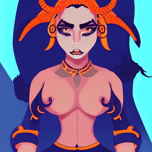 Image similar to illustrated portrait of ram-horned devil woman with blue bob hairstyle and colored orange skin tone and with solid black eyes and black sclera wearing leather by rossdraws