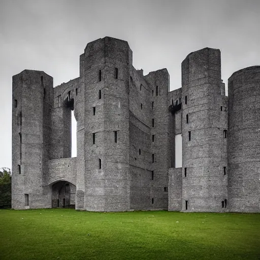Image similar to a sci - fi beautiful brutalist monumental gothic castle, with many rounded brutalist towers sprouting from the base tower creating a complex and unique geometric building, photography