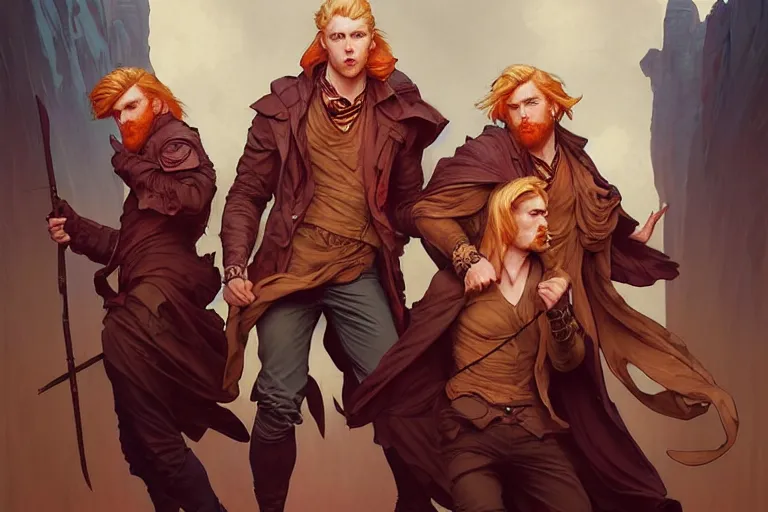 Prompt: dramatic portrait of 3 rowdy brothers!!, one blond man, one ginger man, one brunet man!!! by artgerm, cushart krenz, greg rutkowski, mucha. art nouveau. gloomhaven, 3 brothers!!, vibrant colors, sharp edges. ultra clear detailed. 8 k. elegant, intricate, octane render