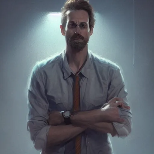 Image similar to scientist who just made a huge mistake, light stubble, digital art, photorealistoc, art by greg rutkowski, hyperdetailed, western comic style, comic, comic style, sharp lineart, professional lighting, deviantart, artstation, trevor henderson, rossdtaws, cinematic, dramatic