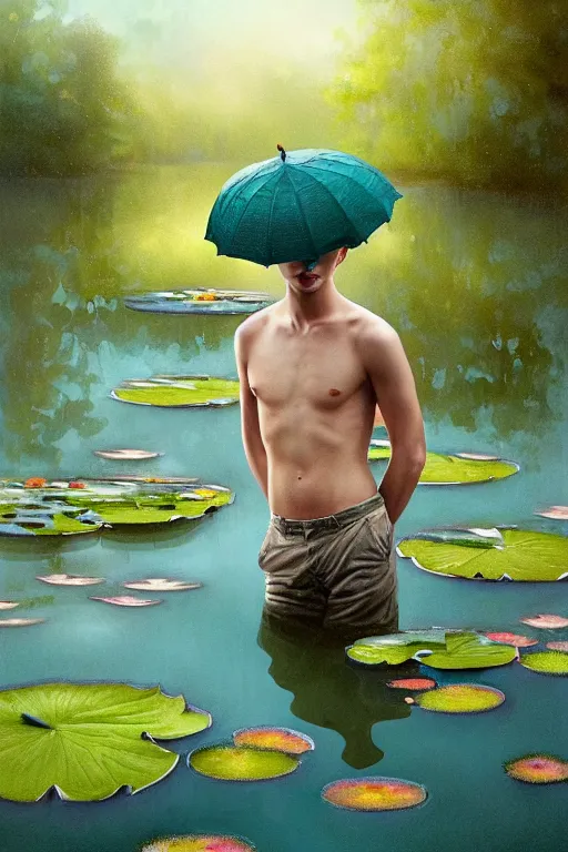 Image similar to light teal portrait of a young man in the rain on pond with waterlilies, fantasy, intricate, elegant, dramatic lighting, emotionally evoking symbolic metaphor, highly detailed, lifelike, photorealistic, digital painting, artstation, concept art, smooth, sharp focus, illustration, art by John Collier and Albert Aublet and Krenz Cushart and Artem Demura and Alphonse Mucha