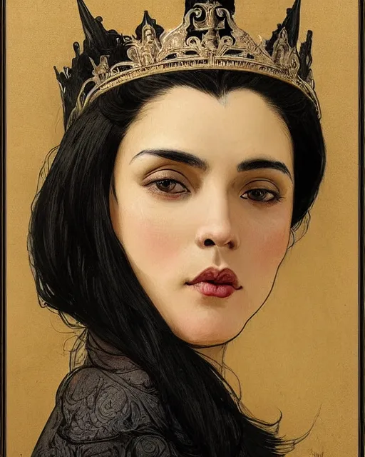 Image similar to portrait of a tall 4 0 - year - old woman with thin lips, long, lush black hair like a crown black, and thick eyebrows, wearing in black clothes, aristocratic appearance, hyper realistic face, beautiful eyes, close up, fantasy art, in the style of greg rutkowski, intricate, alphonse mucha, hyper detailed, smooth