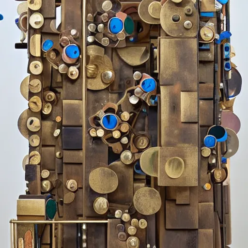 Prompt: a mechanical kinetic sculpture made of painted wood blocks, brass sheet, steel wire, acrylic, marbles. gallery photograph.