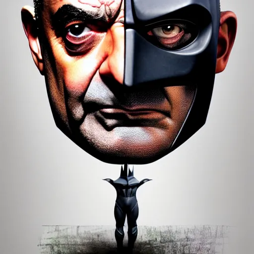 Image similar to hyperrealistic mixed media high resolution painting of (Rowan Atkinson) disguised as !!Batman!!, stunning 3d render inspired art by Jamie Salmon and István Sándorfi and Greg Rutkowski, perfect facial symmetry, dim volumetric lighting, 8k octane beautifully detailed render, full body shot, post-processing, extremely hyper-detailed, intricate, epic composition, highly detailed attributes, highly detailed atmosphere, cinematic lighting, masterpiece, trending on artstation, very very detailed, masterpiece, stunning, flawless completion, lifelike texture, perfection,