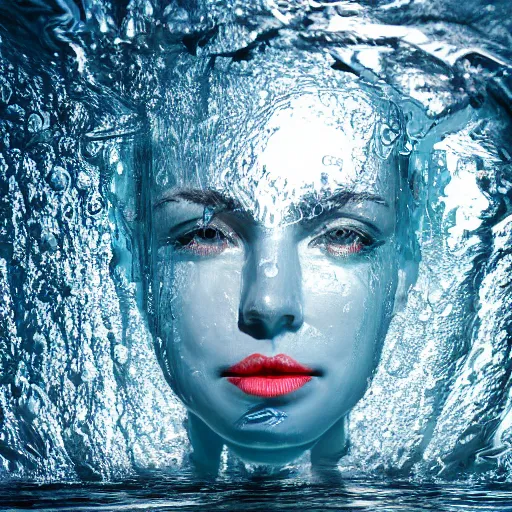 Image similar to water artwork manipulation in the shape of a human head, on the ocean water, ray tracing, realistic water sharp focus, long shot, 8 k resolution, cinematic, amazing water art