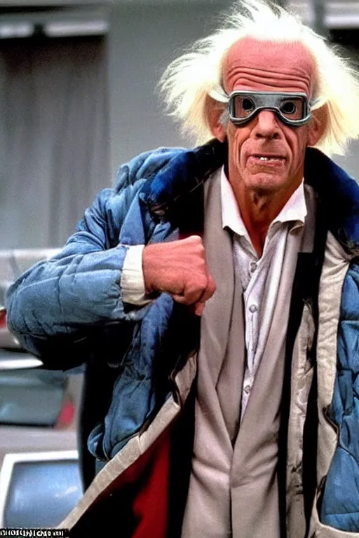 Image similar to a man who looks like christopher lloyd as doc brown back to the future, flux capacitor