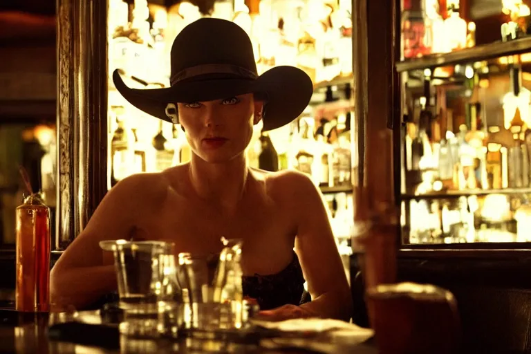 Image similar to cinematography of a beautiful cyborg woman in a vintage western bar alone asking for a drink by Emmanuel Lubezki