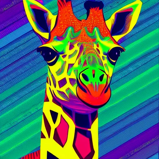 Image similar to a psychedelic neon technicolor portrait illustration of a giraffe in geometric kaleidoscopic colors with gradients vaporwave trending on artstation 4 k intricate extremely detailed digital art