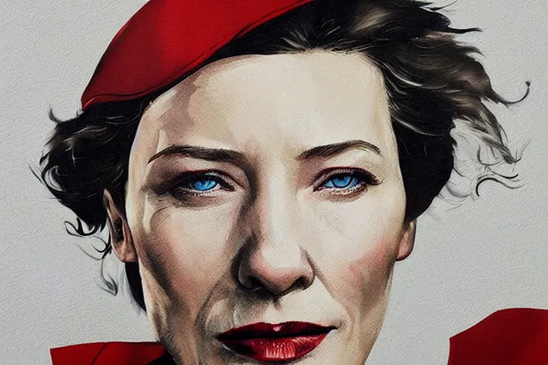 Prompt: cate blanchett as a sad female soviet soldier, art by Sandra Chevrier