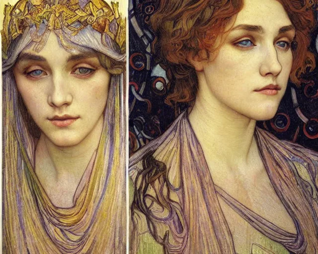 Image similar to detailed realistic beautiful young medieval queen face portrait by jean delville, alphonse mucha, vincent van gogh, and marco mazzoni, art nouveau, symbolist, visionary, gothic, pre - raphaelite