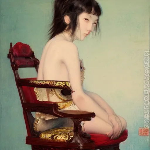 Prompt: painting by frederic edwin church, balaskas christoper, conrad roset, coby whitmore, and chie yoshii. of a pretty cute kawaii japanese girl sitting on antique chair leaning against a desk, sideview, victorian room