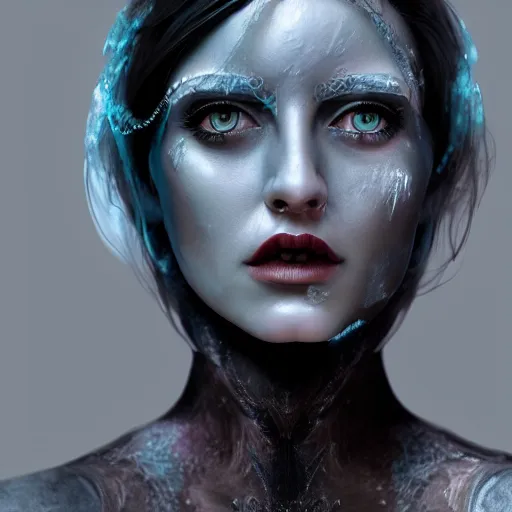 Image similar to woman portrait made out of ice paint, beautiful, cyborg, octane render, tim burton comic book art