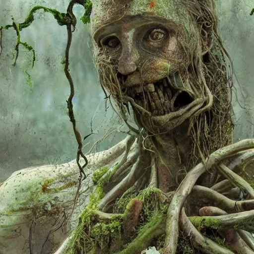 Prompt: Enigmatic Slender Man with Mud and Moss over his skin and plants growing on him is kneeling in a dirty pond, Photorealistic, Sunlight, Creepy, Nature, Hyperrealism, Hyperdetailed