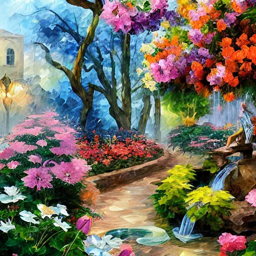 Image similar to flowers and fountains in valley village by arthur adams, charlie bowater, leonid afremov, chiho ashima, karol bak, david bates, tom chambers