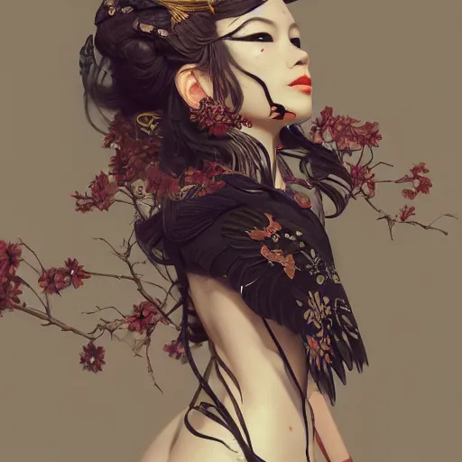 Image similar to a photorealistic dramatic fantasy render of a beautiful woman wearing a beautiful intricately detailed japanese crow kitsune mask and clasical japanese kimono by wlop, artgerm, greg rutkowski, alphonse mucha, beautiful dynamic dramatic dark moody lighting, shadows, cinematic atmosphere, artstation, concept design art, octane render, 8 k