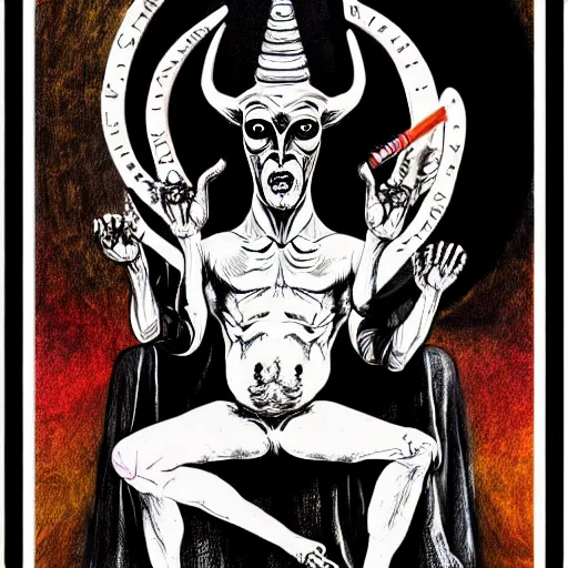 Prompt: graphic illustration, creative design, baphomet with aleister crowley, biopunk, francis bacon, highly detailed, hunter s thompson, mixed media