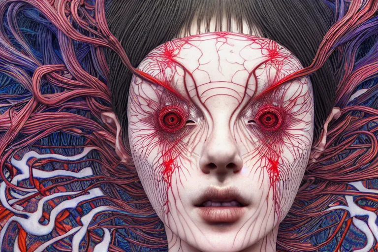 Image similar to realistic detailed image of a woman losing her sanity, conjuring psychedelic background, part by takato yamamoto, part by alex gray, ross tran, james jean, ultra realistic, octane render, highly detailed, 8 k, trending on artstation, cosmic, symmetry, masterpiece