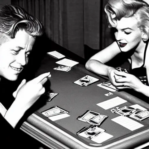 Prompt: marilyn monroe and jfk playing yu - gi - oh with dual disks