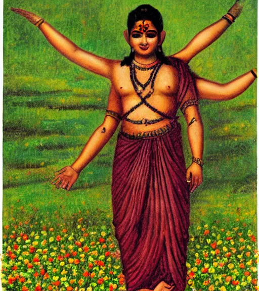 Prompt: mystical hindu god kaali standing in tall meadow of flowers, distant, ww1 film photo, grainy, high detail, high resolution