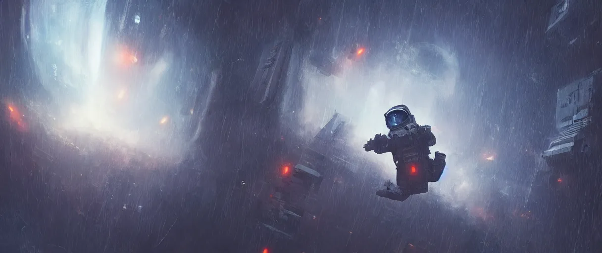 Image similar to an astronaut floating in space, sci fi, in style of blade runner 2 0 4 9, digital art, detailed, depth of field