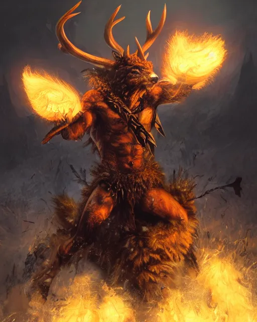 Image similar to oil painting of Angry Anthropomorphized Deer Berserker, wearing fur armor, claws, sharp focus, attack pose, fantasy style, octane render, volumetric lighting, 8k high definition, by greg rutkowski, highly detailed, trending on art Station, magic the gathering artwork, burning Battlefield background, centered