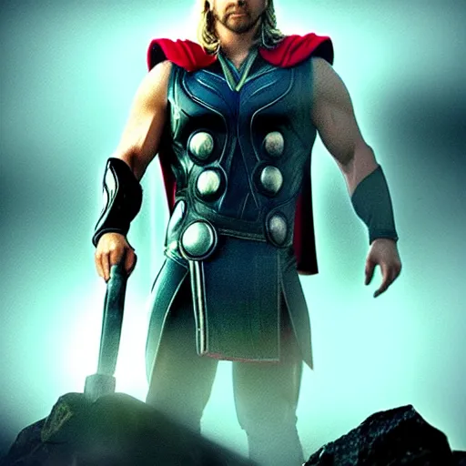 Image similar to “ thor holding his hammer high above his head, lightning and super storm in the background of a bay field, realistic, impressive, god rays, cinematic, stunning, high complexity, very detailed ”