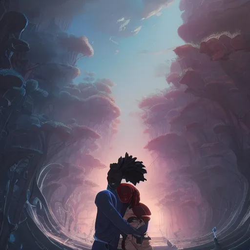 Image similar to symmetry!! highly detailed portrait of a black couple entering the void, stephen bliss, unreal engine, fantasy art by greg rutkowski, loish, rhads, ferdinand knab, makoto shinkai and lois van baarle, ilya kuvshinov, rossdraws, tom bagshaw, global illumination, radiant light, detailed and intricate environment