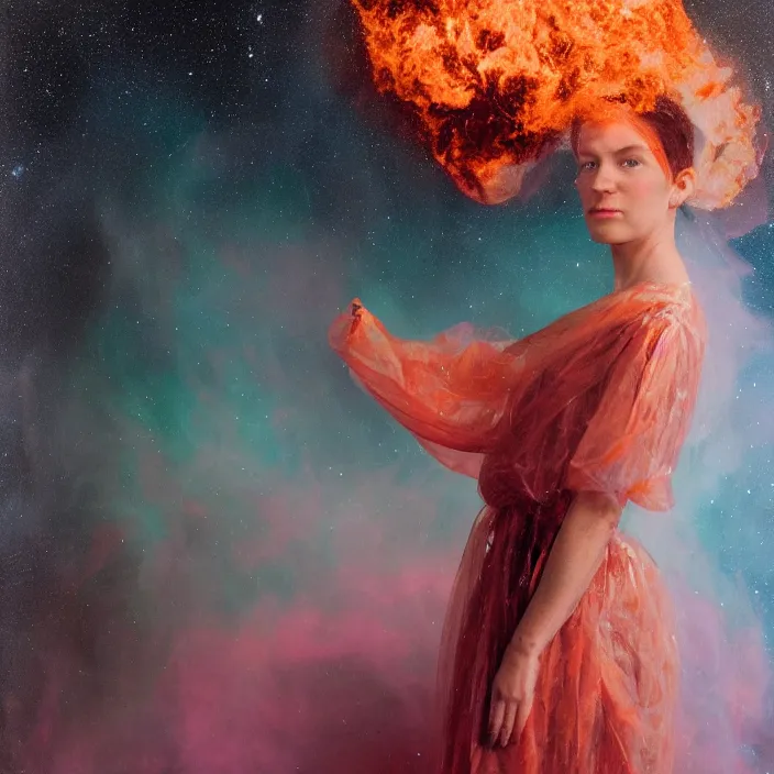Image similar to a closeup portrait of a woman wrapped in plastic, standing in front of a burning nebulae, color photograph, by vincent desiderio, canon eos c 3 0 0, ƒ 1. 8, 3 5 mm, 8 k, medium - format print