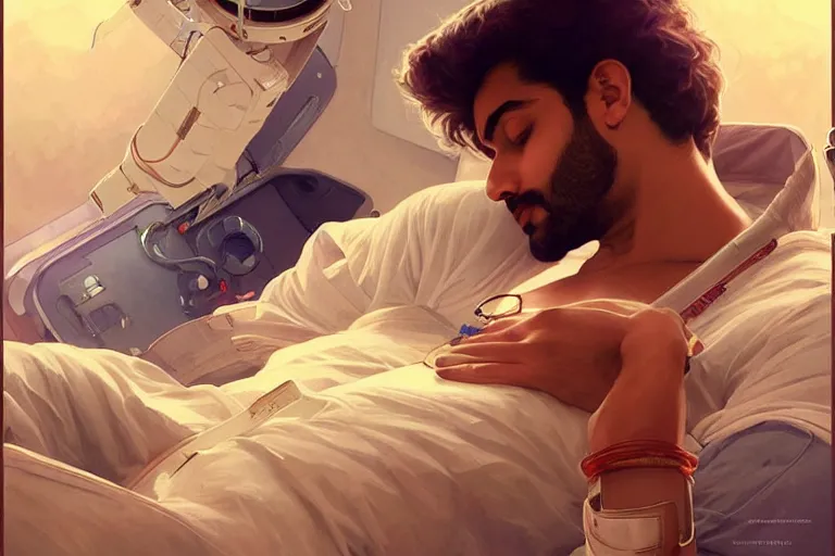 Prompt: Sensual good looking pale young Indian doctors wearing jeans asleep in a space station above Earth performing surgery, portrait, elegant, intricate, digital painting, artstation, concept art, smooth, sharp focus, illustration, art by artgerm and greg rutkowski and alphonse mucha