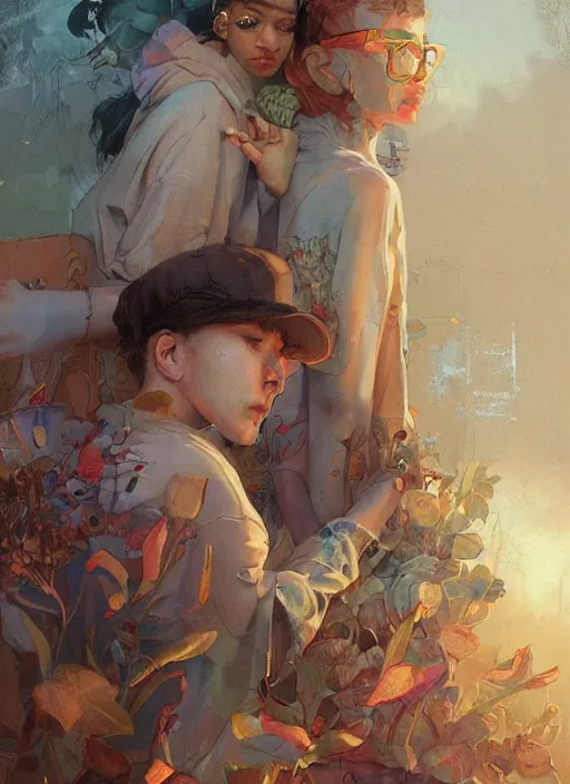 Prompt: beautiful fantasy painting of a chill Hiphop summer day, by Kenne Gregoire, James Jean, Tran Nguyen, WLOP, Jakub Rebelka. trending on Artstation, 8k, masterpiece, face enhance, graffiti paint, fine detail, full of color, intricate detail, golden ratio illustration