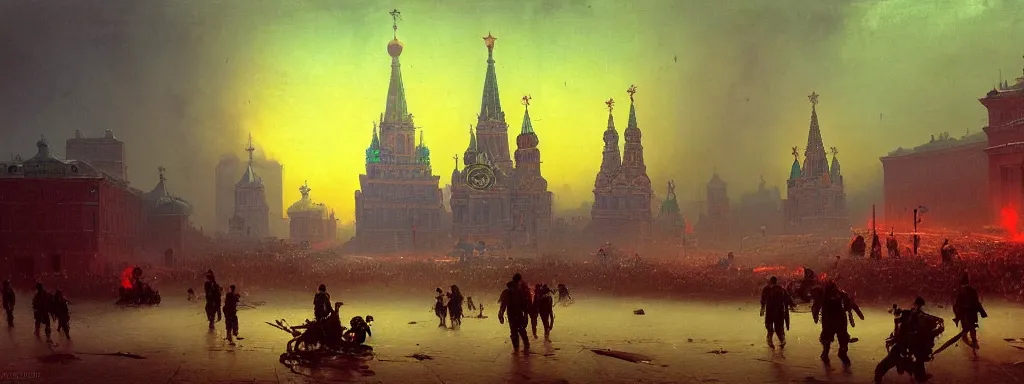 Prompt: alien predator attacks moscow red square. extreme long shot. post-apocalyptic art by Aivazovsky. high detail