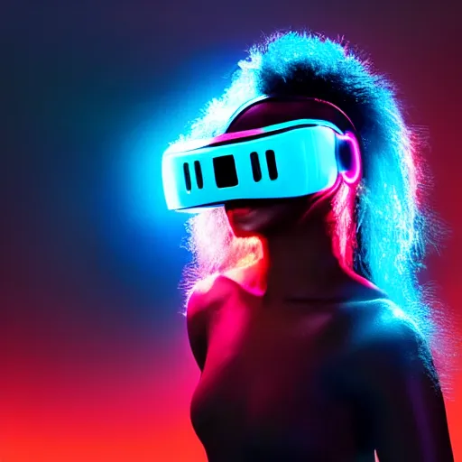 Image similar to dark skinned woman wearing futuristic vr headset neon lights ambient light unity game ultra - realistic