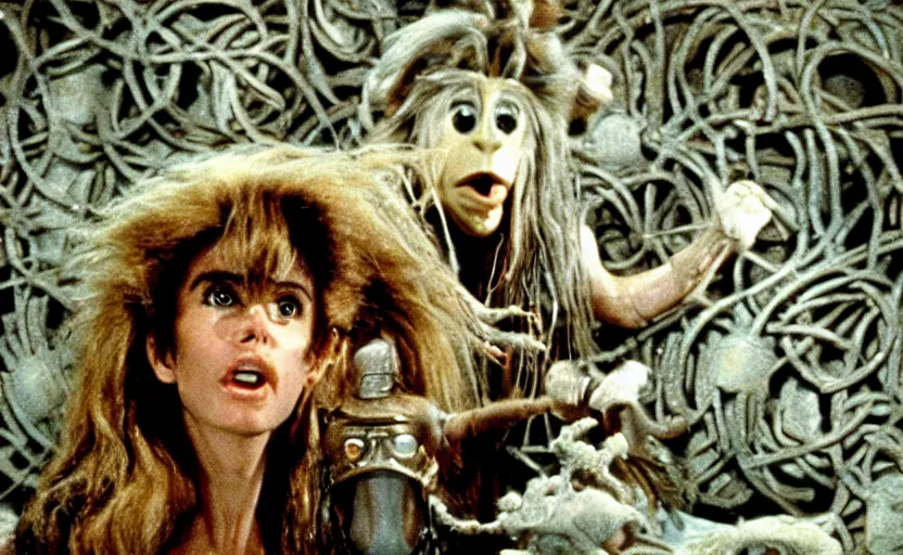 Image similar to movie still from the 1 9 8 8 sequel to labyrinth by jim henson's creature shop starring realistic practical - effects wondrous creatures and humanoids in a maze - like steampunk fortress on an alien planet. fantasy adventure.