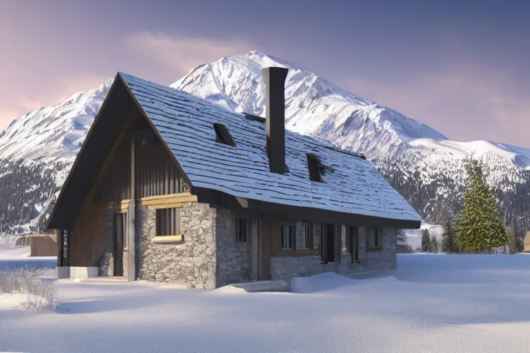 Prompt: modern fachwerk house cottage settlement with Elbrus mountain on the background, architecture, 3d render 8k , high details