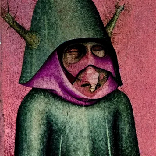 Prompt: a painfully early morning, Hieronymus Bosch style, pink, red, purple, green, 8k