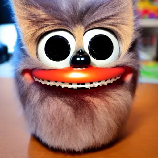 Prompt: a demonic furby with human teeth