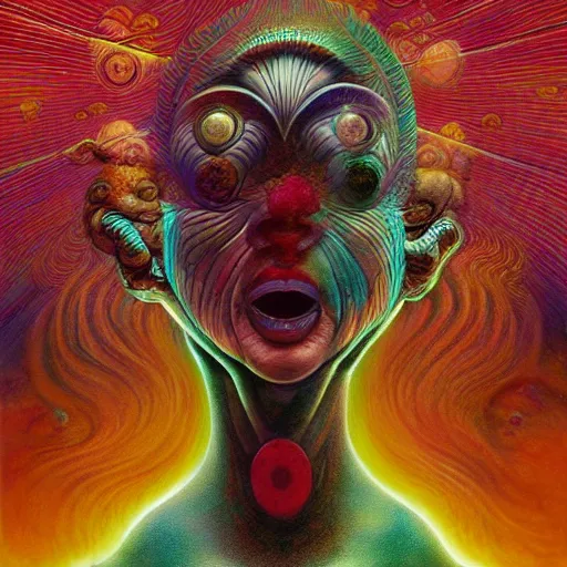 Prompt: Monero-chan having an ego trip under lsd, by alex grey, by Esao Andrews and Karol Bak and Zdzislaw Beksinski and Zdzisław Beksiński, trending on ArtStation