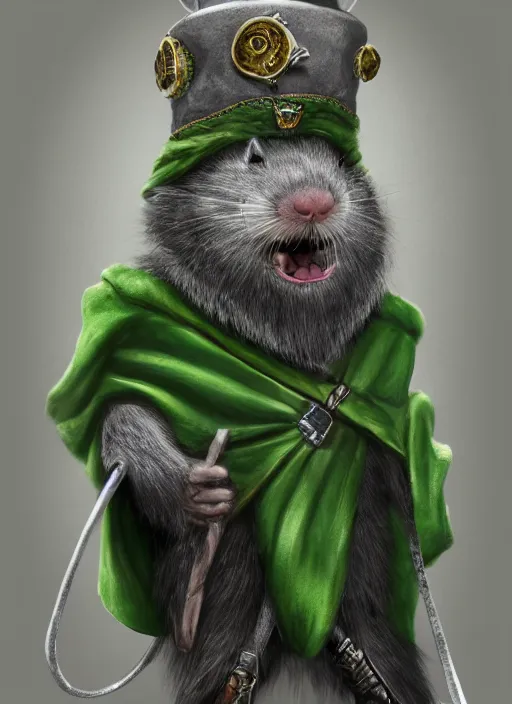 Prompt: a bearded gray humanoid rat with jewelry, green eyes, tricorne hat, green robe, D&D, digital art, realistic, trending on artstation, 4k