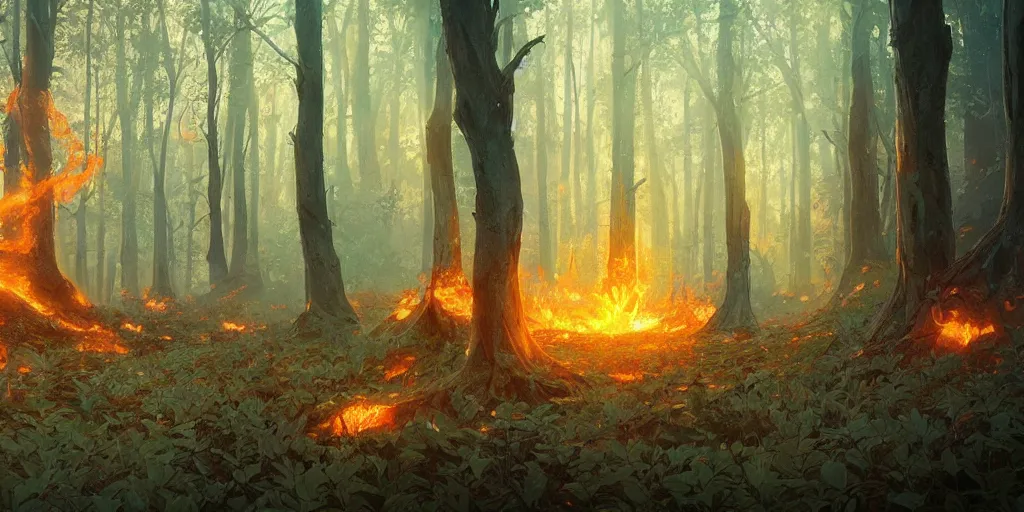 Image similar to A fire forest of trees with flaming leaves, landscape, highly detailed, digital painting, artstation, concept art, sharp focus, illustration, art by artgerm and greg rutkowski and alphonse mucha