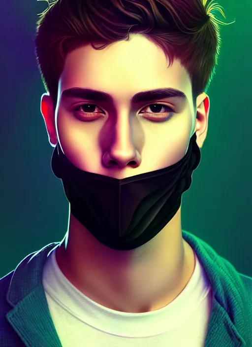 Image similar to handsome young man with black medical mask, half body shot, path traced, highly detailed, high quality, digital painting, alena aenami, lilia alvarado, shinji aramaki, karol bak, alphonse mucha, tom bagshaw