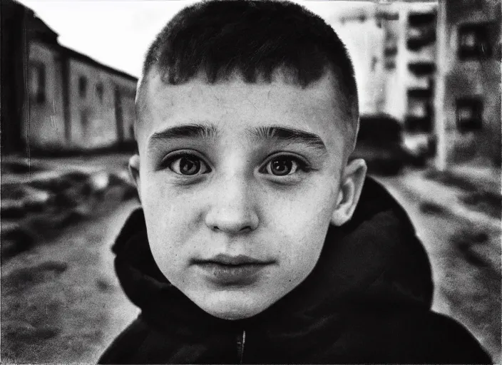 Image similar to professional fine detailed photo portrait of young vladimir zelenskiy from makhachkala, dagestan. kid vladimir zelenskiy in the postsoviet suburbia, iphone photo, instagram, black and white