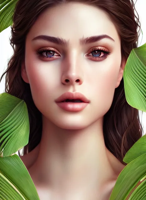 Prompt: a gorgeous female photo, professionally retouched, soft lighting, chest covered with palm leaves, realistic, smooth face, perfect eyes, wide angle, sharp focus on eyes, 8 k high definition, insanely detailed, intricate, elegant, art by artgerm and wlop