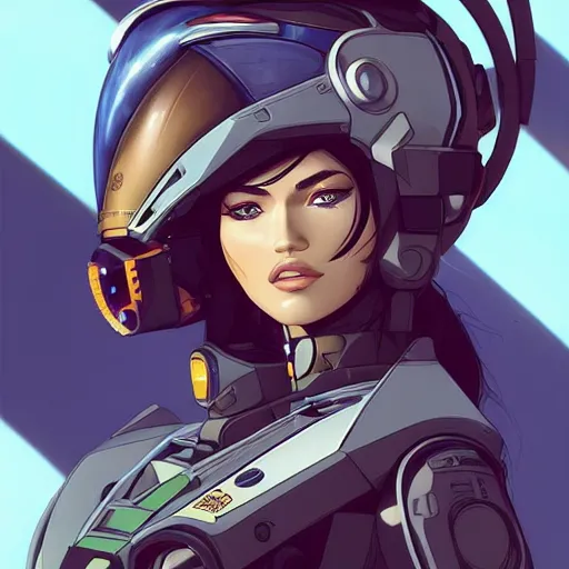 Image similar to a portrait of a stunning beautiful elite megan fox gundam pilot, with an intricate, detailed, urban inspired hiphop afro futuristic helmet, vector behance hd jesper ejsing, rhads, makoto shinkai, lois van baarle, ilya kuvshinov, rossdraws, hd, 3 2 k, ilya kuvshinov, gustav klimt