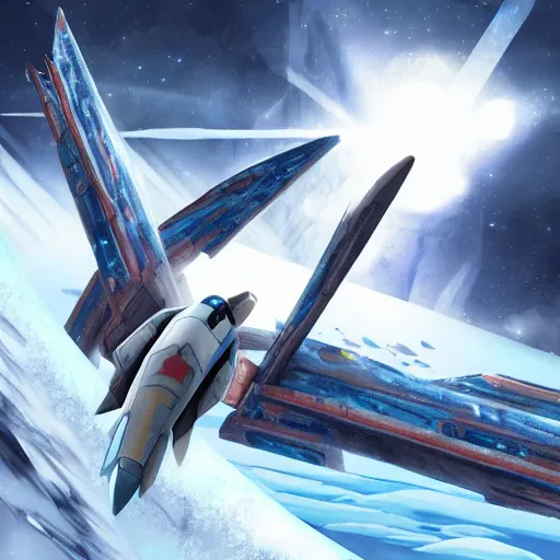 Image similar to an arwing battle over the frozen planet of fortuna, star fox spaceship battle, artstation, highly detailed, concept art, award winning