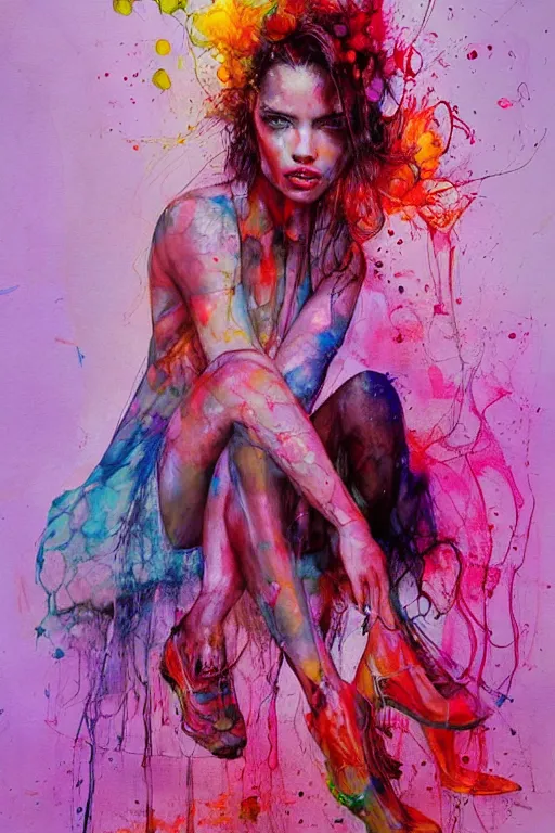 Image similar to adriana lima by agnes cecile enki bilal moebius, intricated details, sitting on a stool, full body portrait, extremely luminous bright design, pastel colours, drips, autumn lights