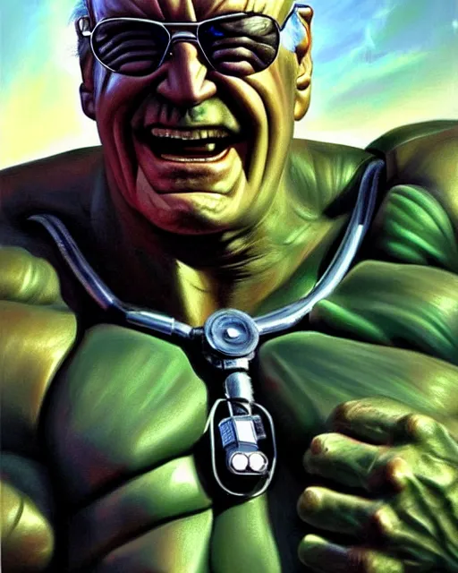 Image similar to hyperrealistic oil painting of cyberpunk mechanical hulk as stan lee, stan lee as a muscular hulk