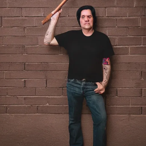 Prompt: a man with straight black hair a patch over one eye and a wooden walking stick wearing jeans and a t-shirt that reads go away, high resolution film still, 8k, HDR color