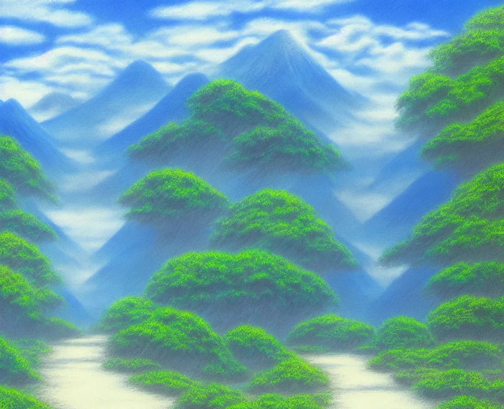 Image similar to a landscape pastel in the style of noriyoshi ohrai and bob ross of a blue reflective path to some misty mountains in the background. along the path stands pillars that reflect in the water. key art. 4 k fantasy