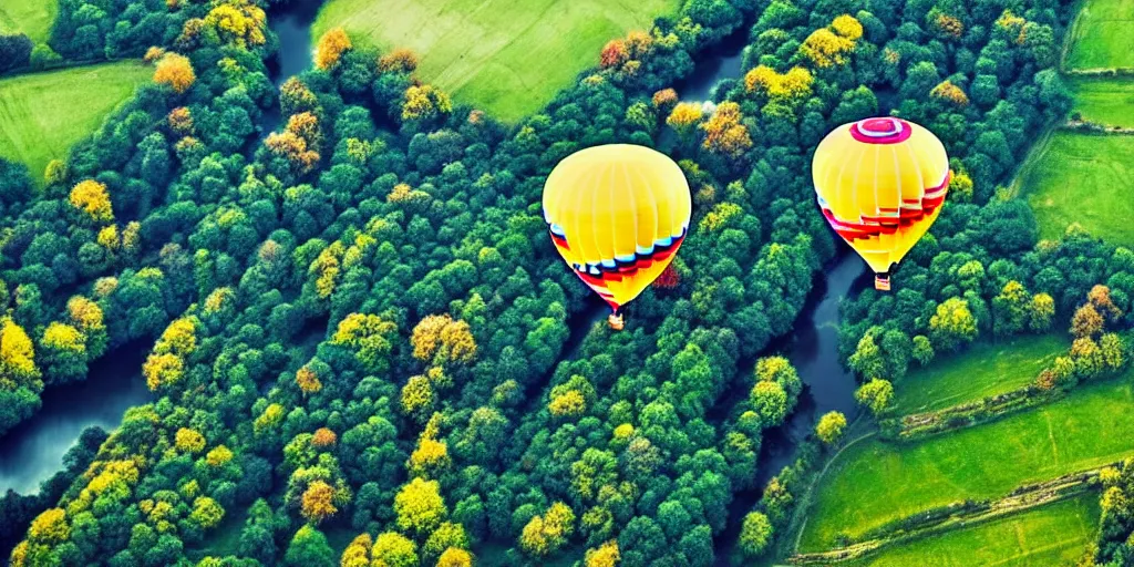 Image similar to hot air balloon, beautiful landscape, bird's eye view